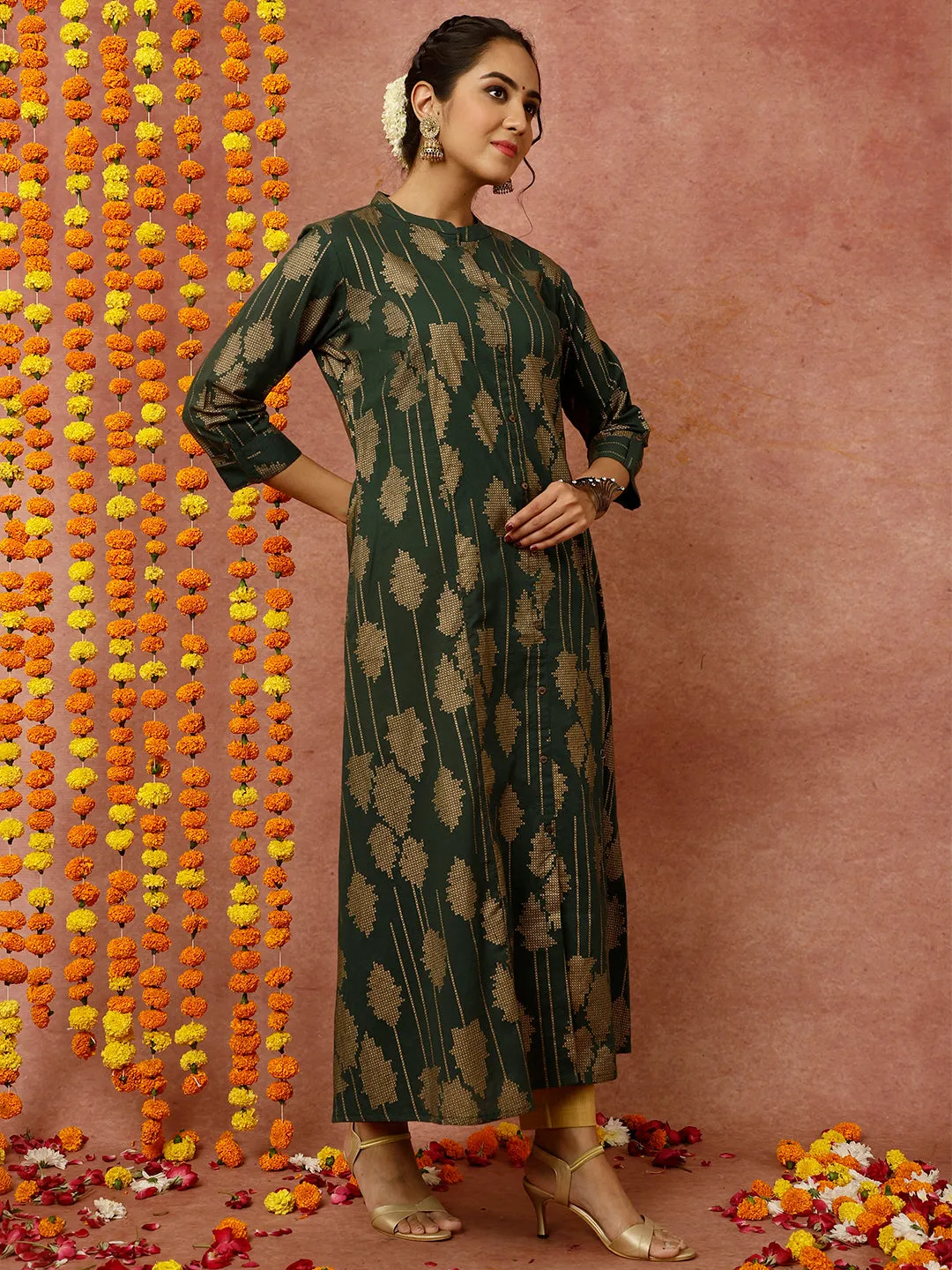 Dark Green Abstract Print A-line Kurta