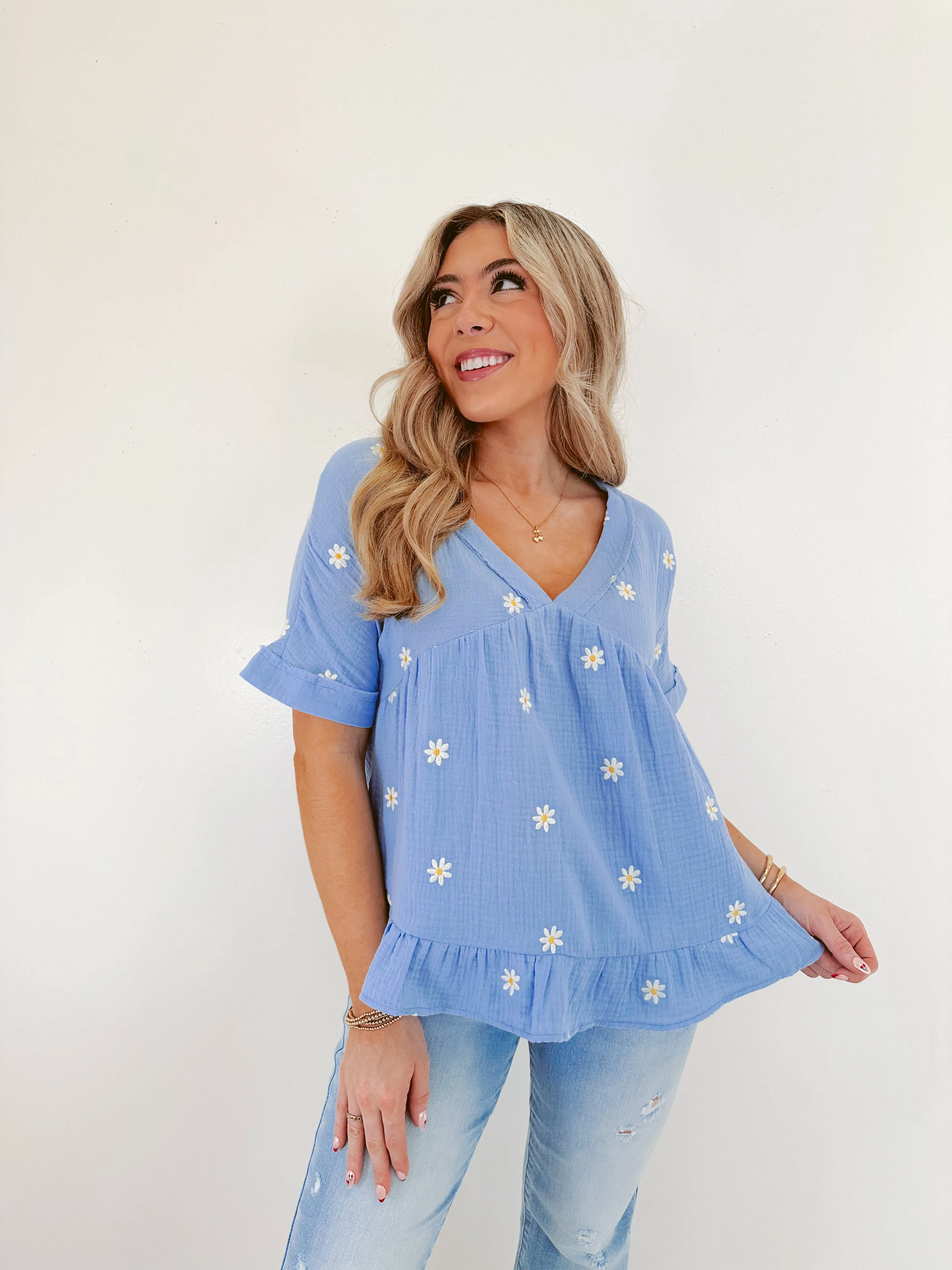 Darling Daisy Embroidered Top - Blue