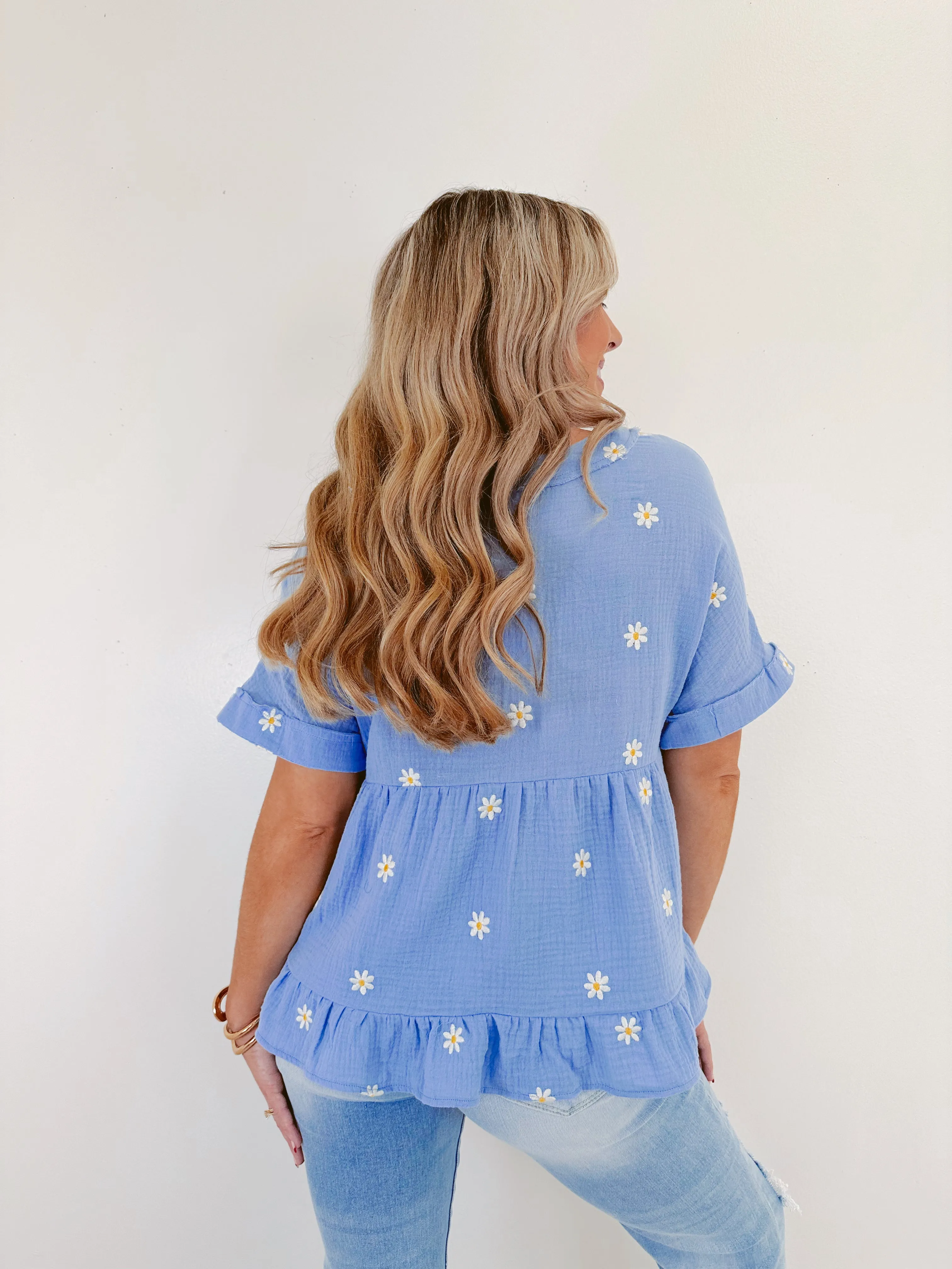 Darling Daisy Embroidered Top - Blue