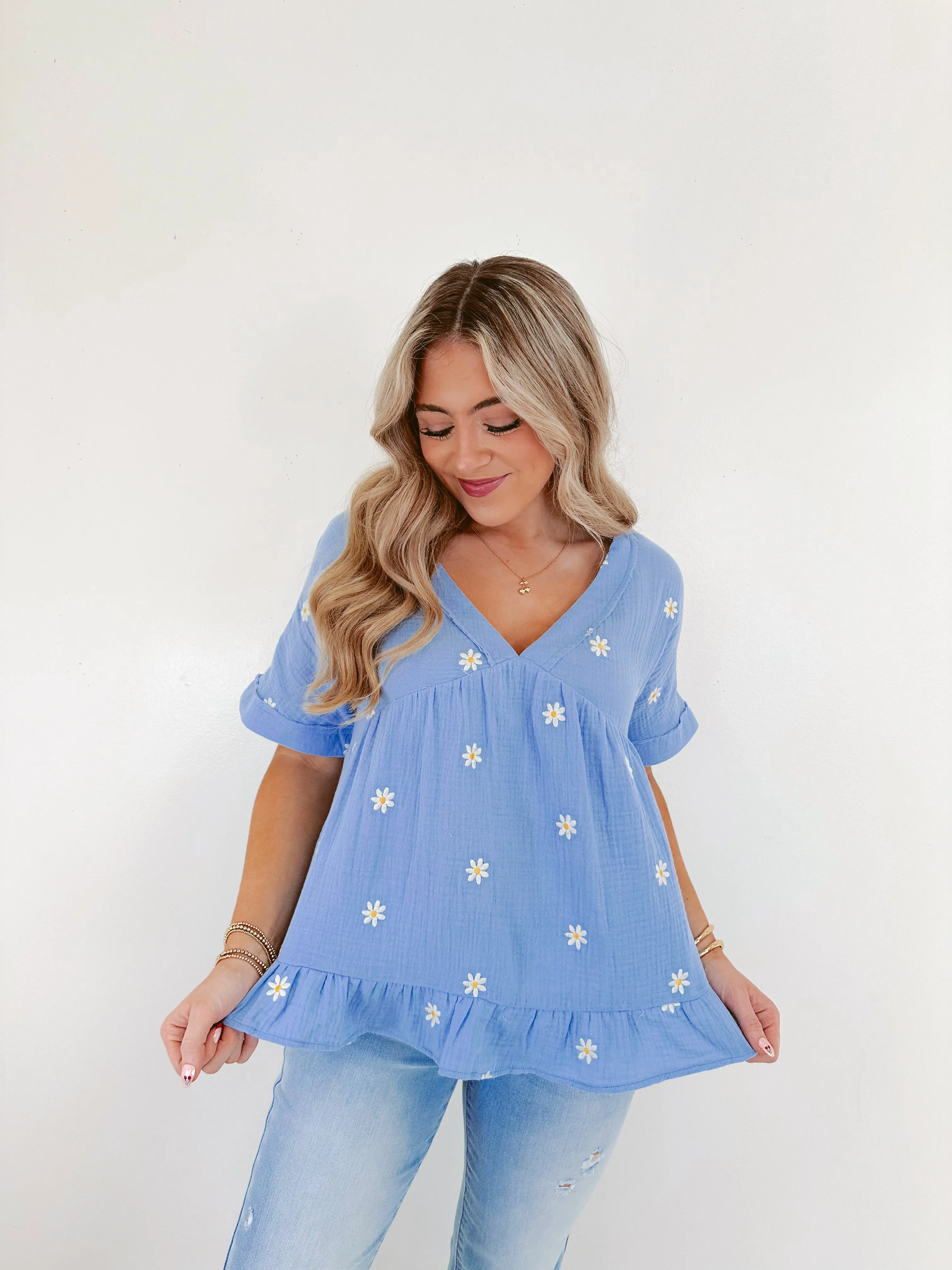 Darling Daisy Embroidered Top - Blue