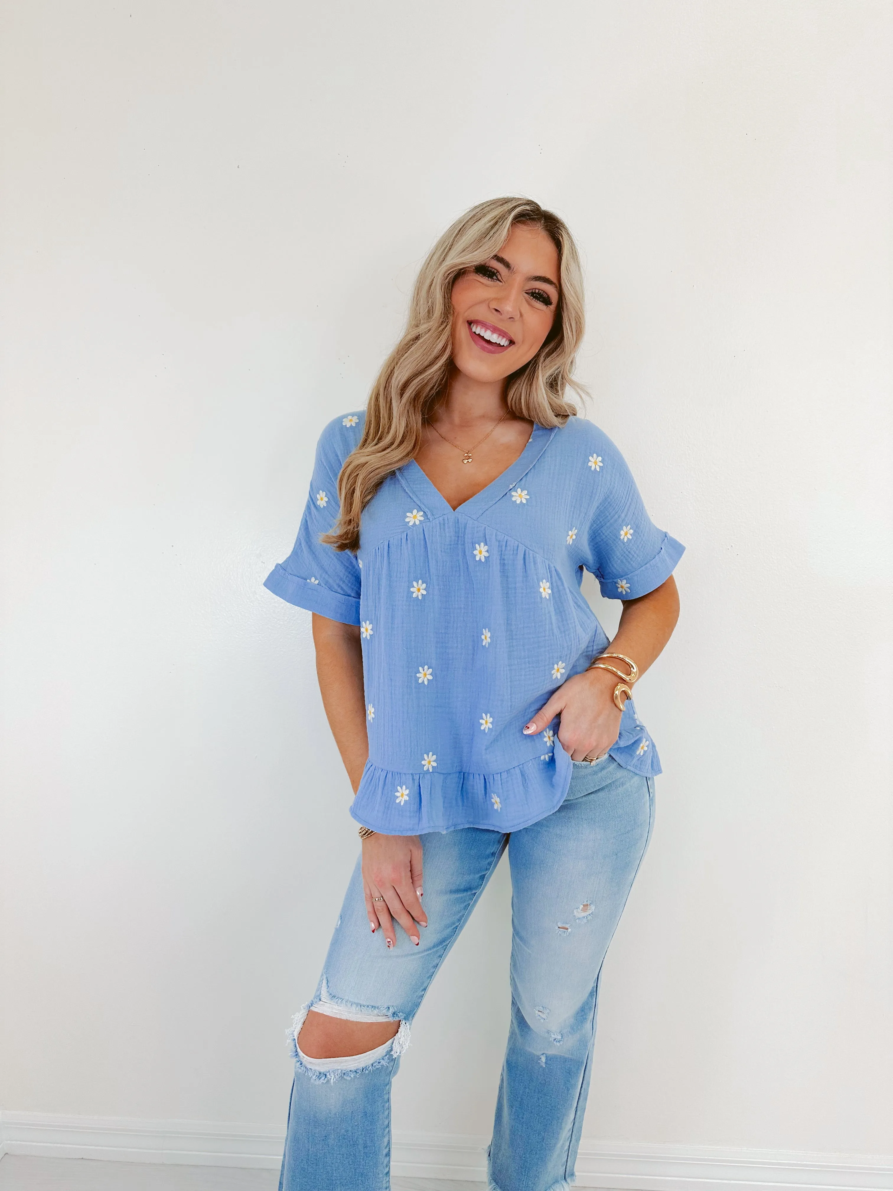 Darling Daisy Embroidered Top - Blue