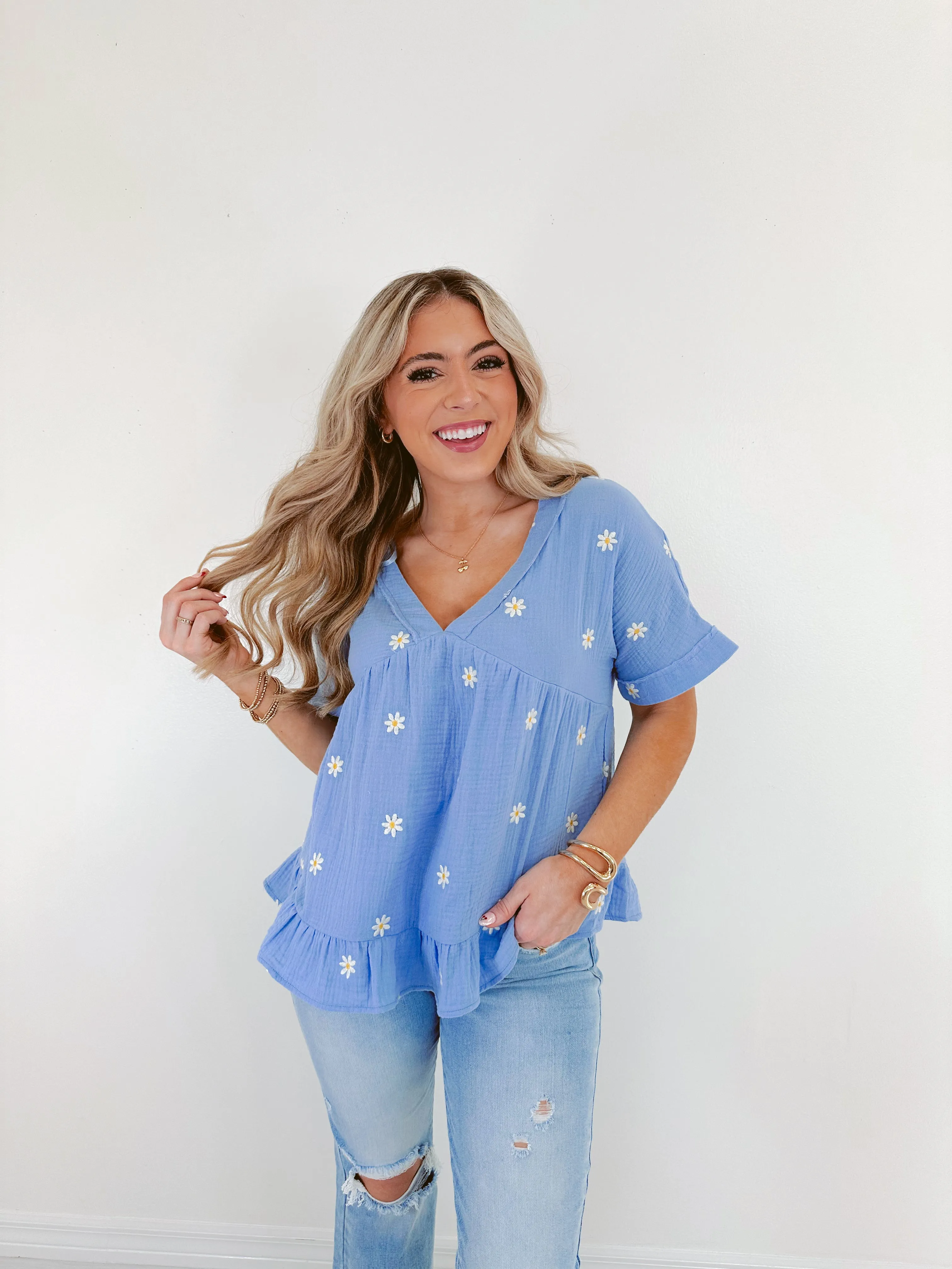 Darling Daisy Embroidered Top - Blue