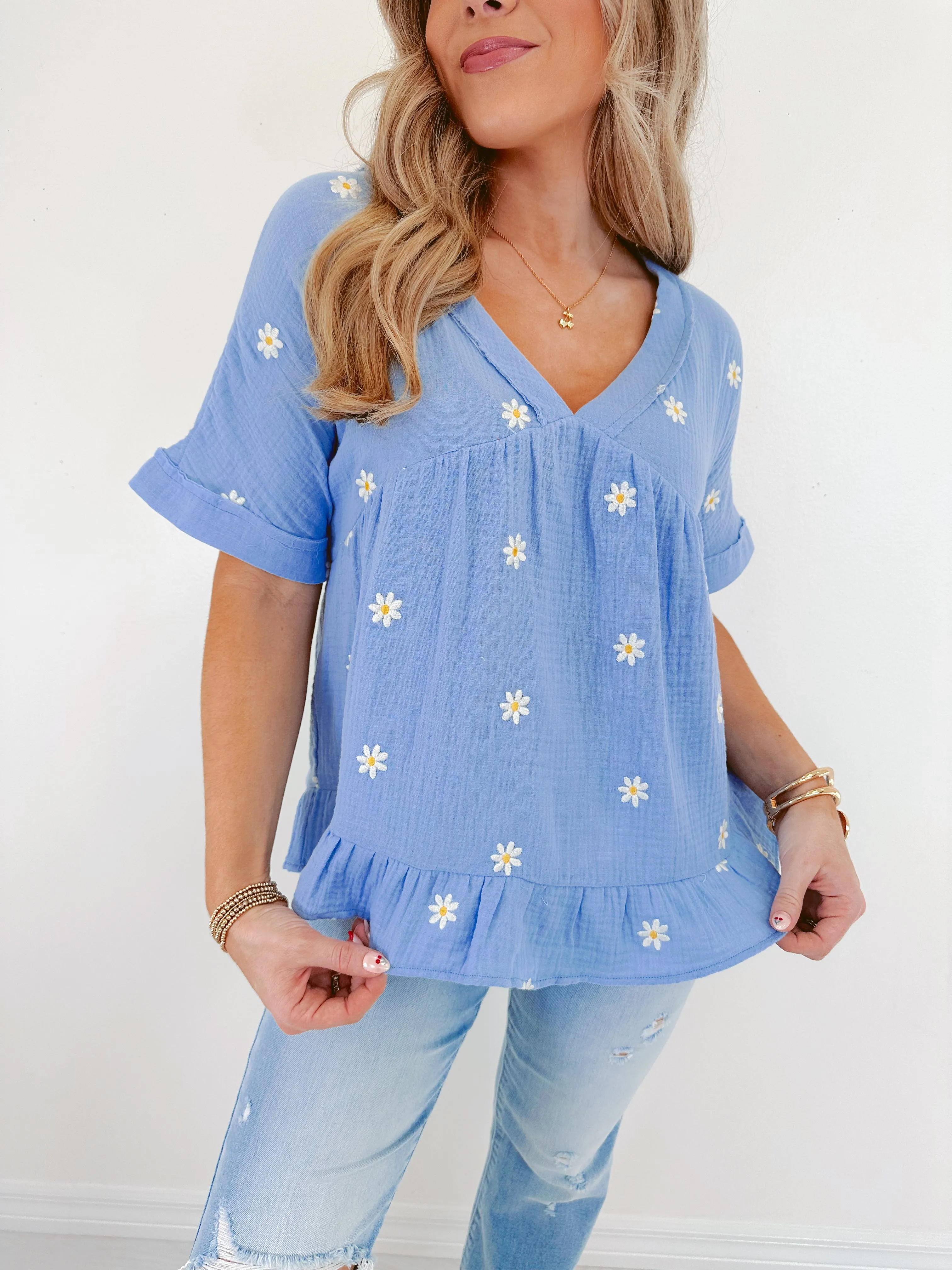 Darling Daisy Embroidered Top - Blue