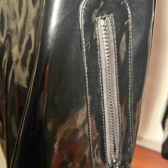 Dennis Basso, large, stylish true black patent raincoat EUC