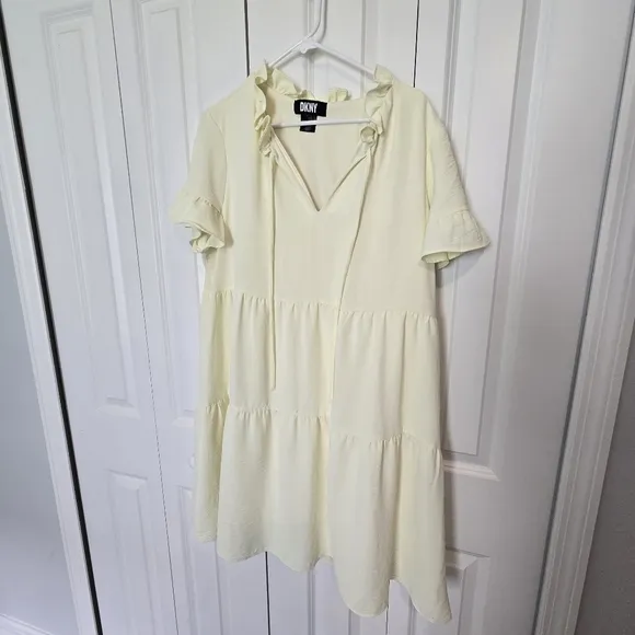 DKNY buttercup yellow flowy tiered tie front dress.​