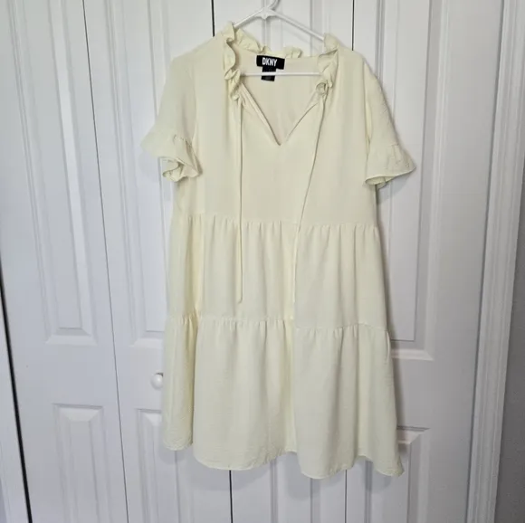 DKNY buttercup yellow flowy tiered tie front dress.​