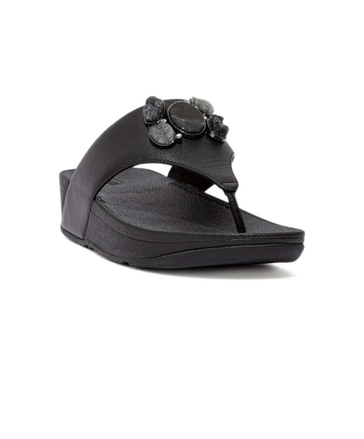 FitFlop Rosa Stone-Cluster Leather Toe Post Sandals Black