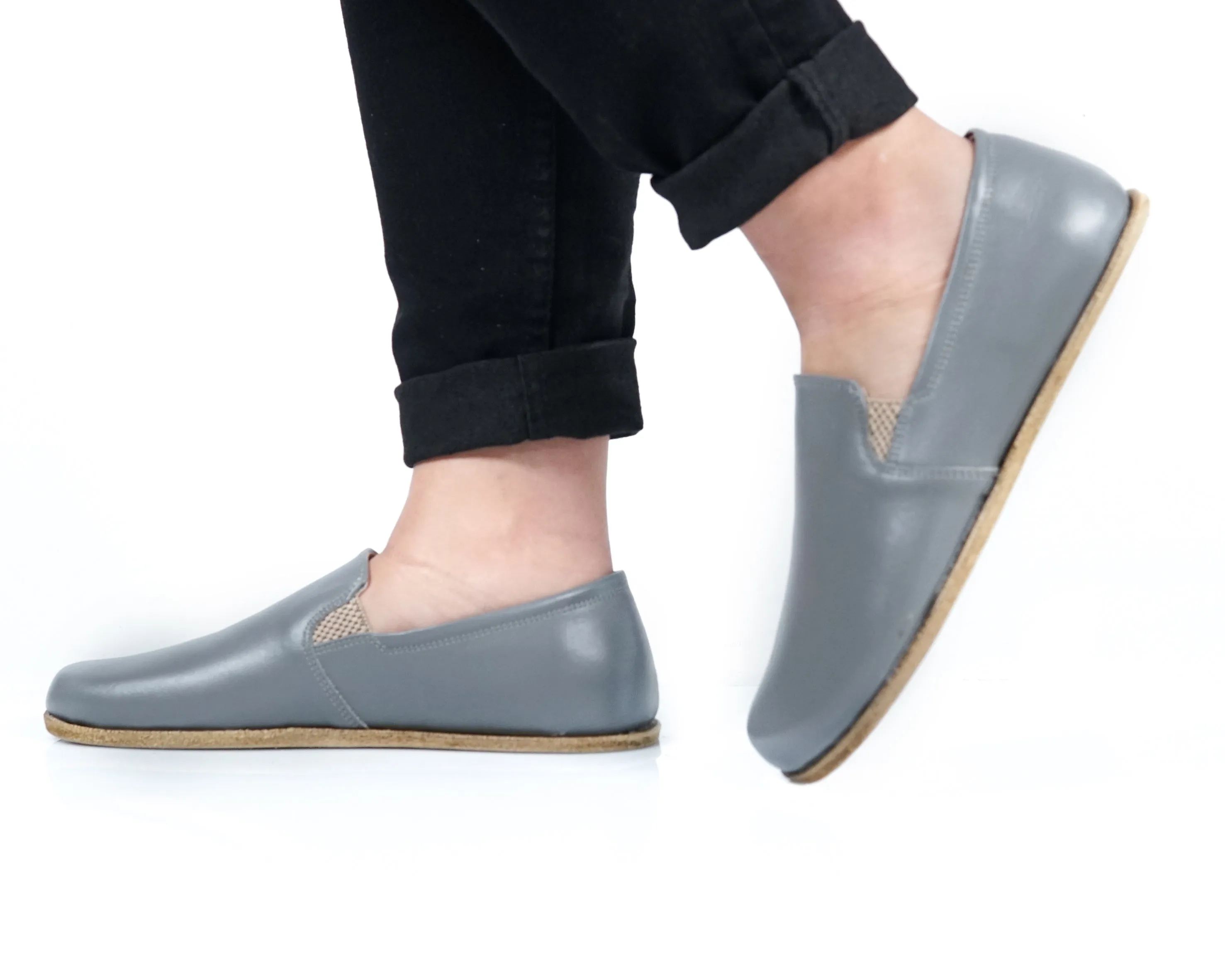 Gray Slip-On Wide Barefoot Smooth Leather Handmade Classic Shoes