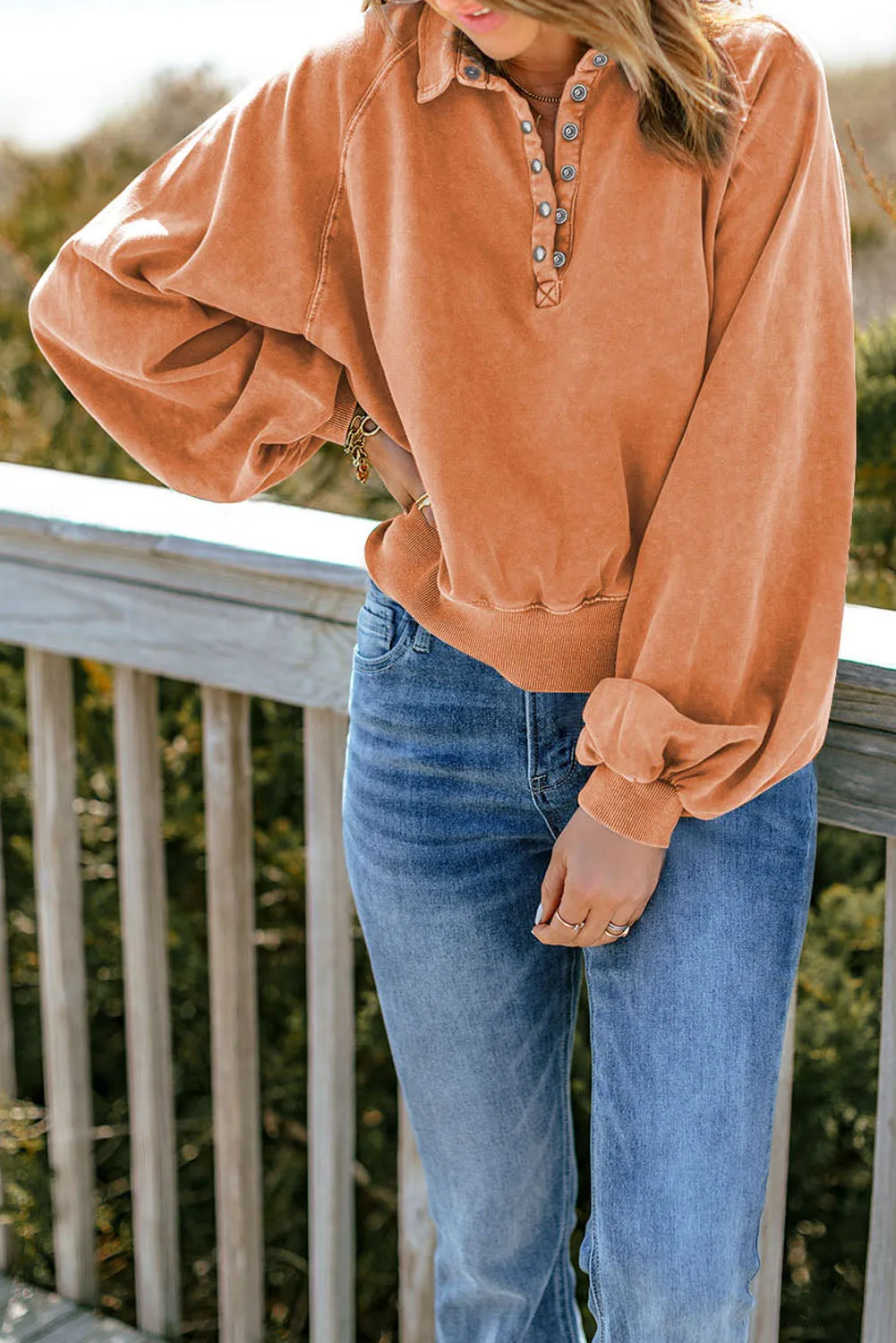 Gray Washed Snap Buttons Lantern Sleeve Pullover Sweatshirt