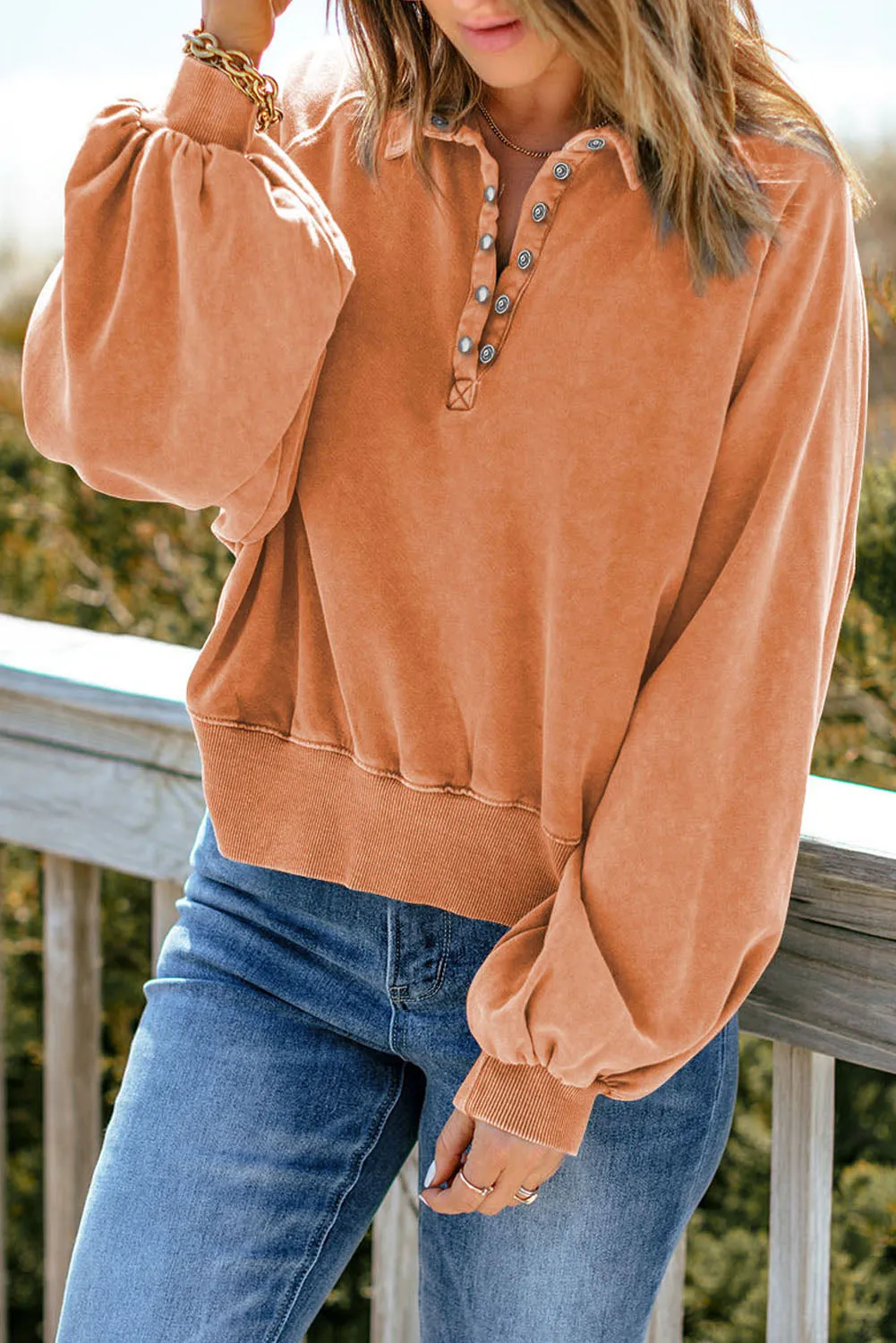 Gray Washed Snap Buttons Lantern Sleeve Pullover Sweatshirt