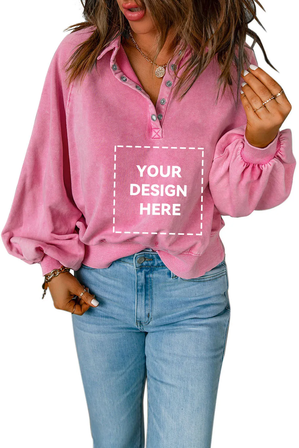 Gray Washed Snap Buttons Lantern Sleeve Pullover Sweatshirt