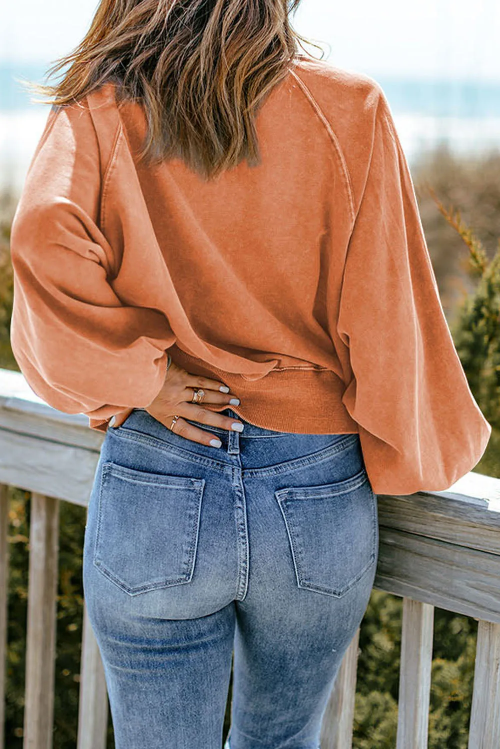 Gray Washed Snap Buttons Lantern Sleeve Pullover Sweatshirt