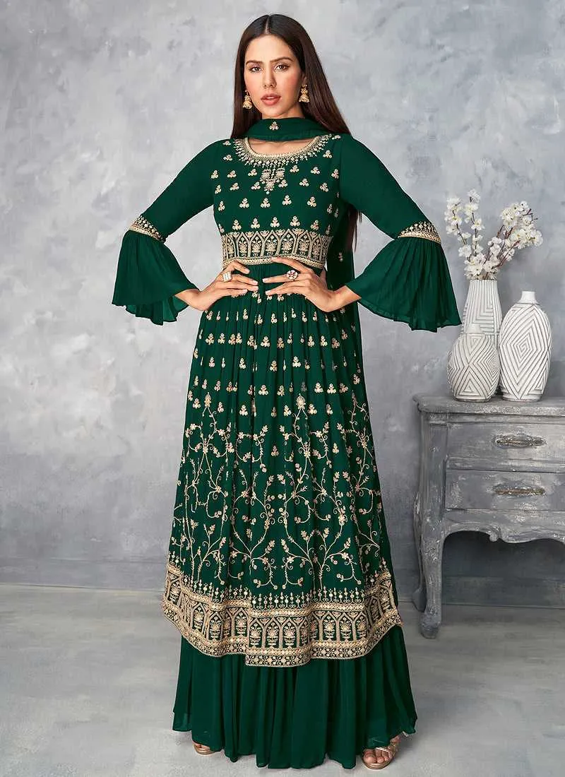 Green and Gold Heavy Embroidered Stylish Palazzo Suit