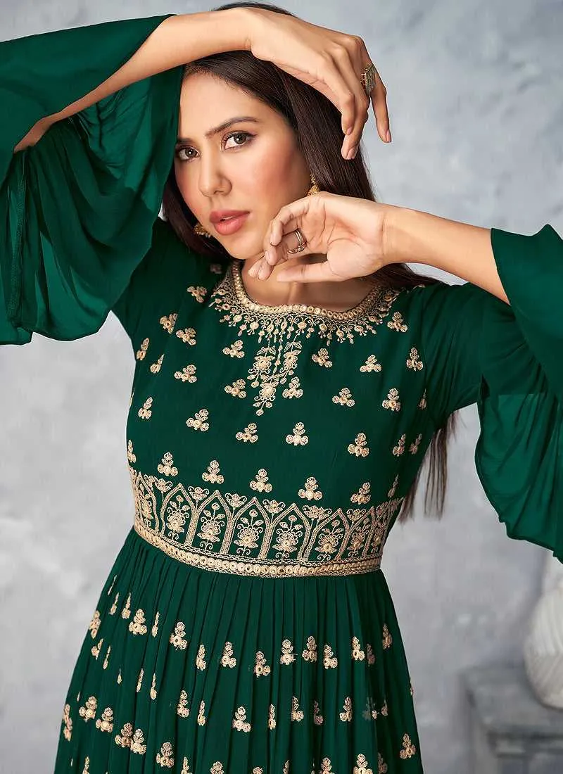 Green and Gold Heavy Embroidered Stylish Palazzo Suit