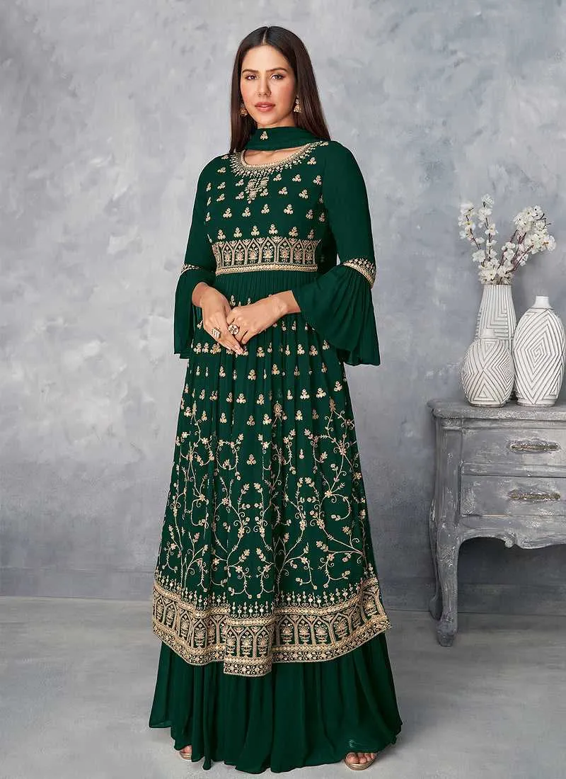 Green and Gold Heavy Embroidered Stylish Palazzo Suit