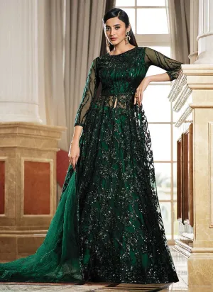 Green Floral Embroidered Stylish Lehenga/ Pant Style Anarkali