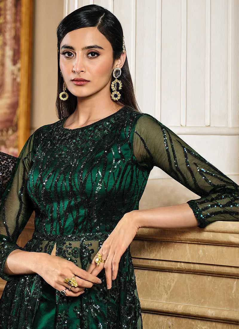 Green Floral Embroidered Stylish Lehenga/ Pant Style Anarkali