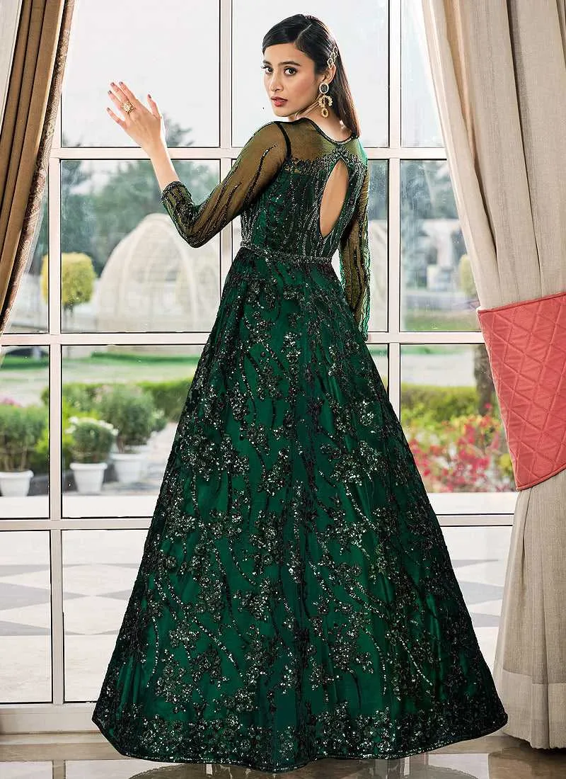 Green Floral Embroidered Stylish Lehenga/ Pant Style Anarkali
