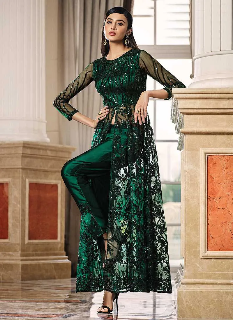 Green Floral Embroidered Stylish Lehenga/ Pant Style Anarkali