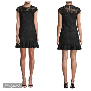 H by Halston Black Floral Motif Bell Hem Dress