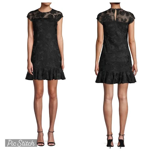 H by Halston Black Floral Motif Bell Hem Dress