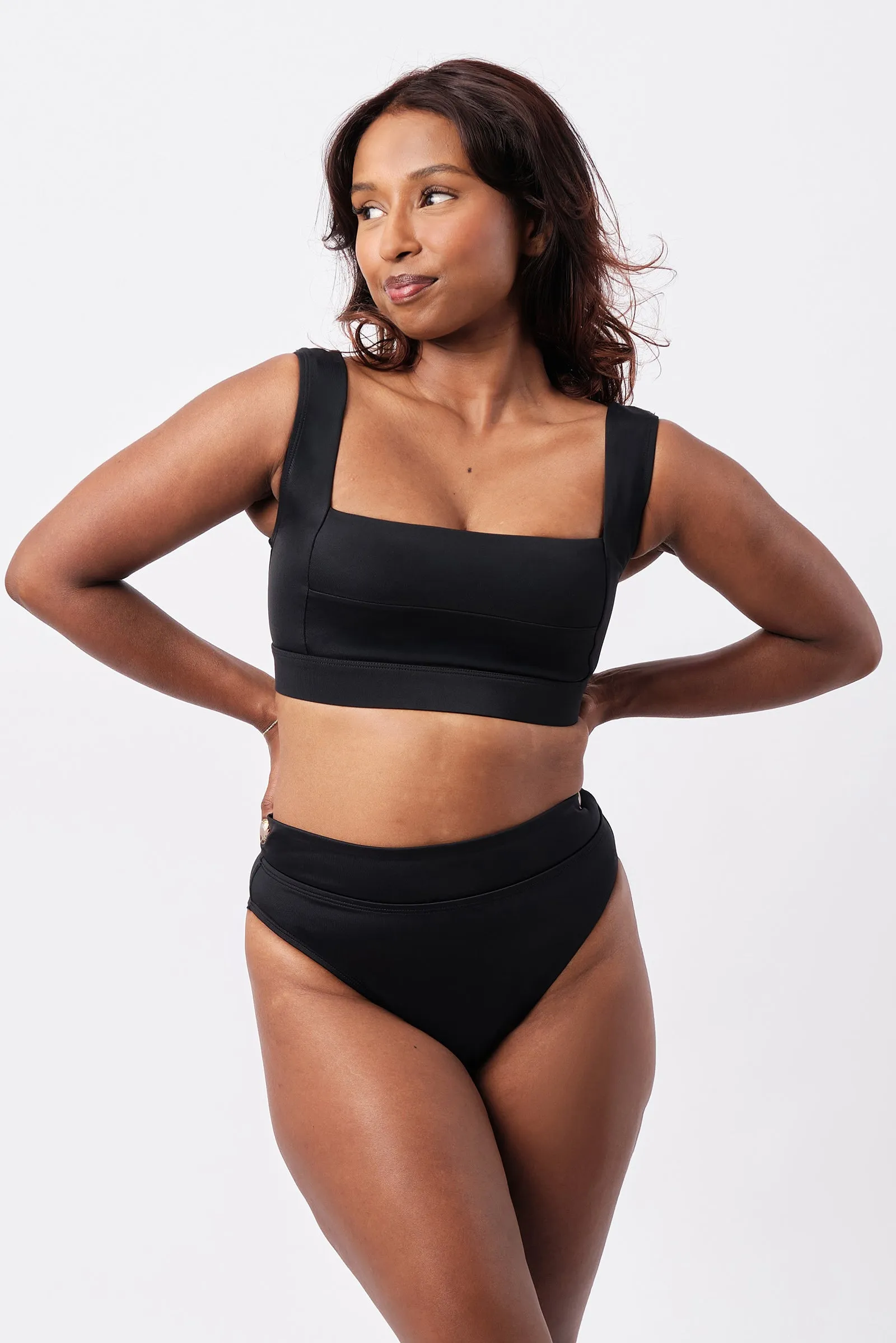 High-Cut High-Waisted Bikini Bottom BLACK