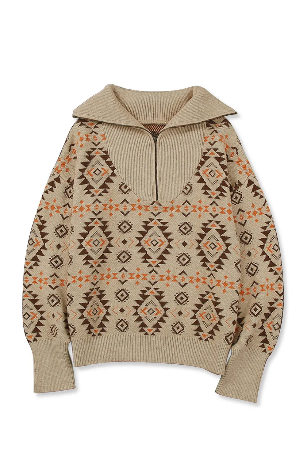 Khaki Aztec Knitted Drop Shoulder Zipped Sweater