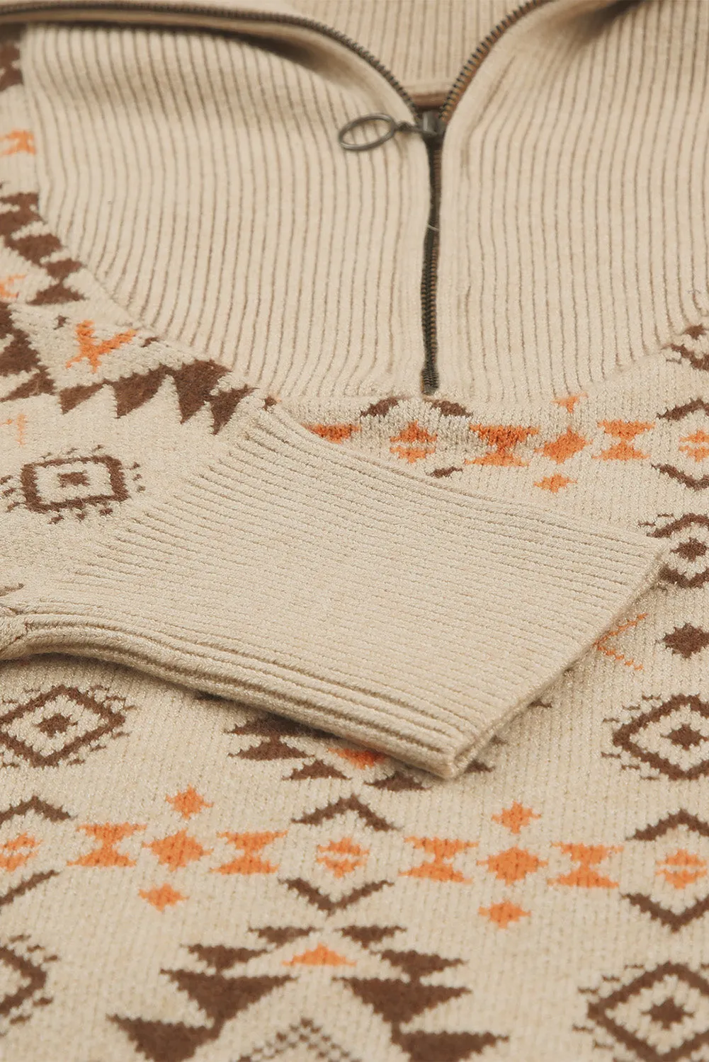 Khaki Aztec Knitted Drop Shoulder Zipped Sweater