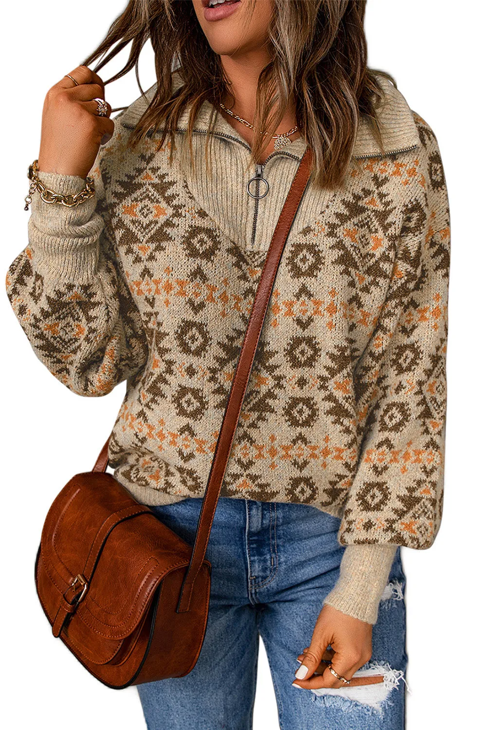 Khaki Aztec Knitted Drop Shoulder Zipped Sweater