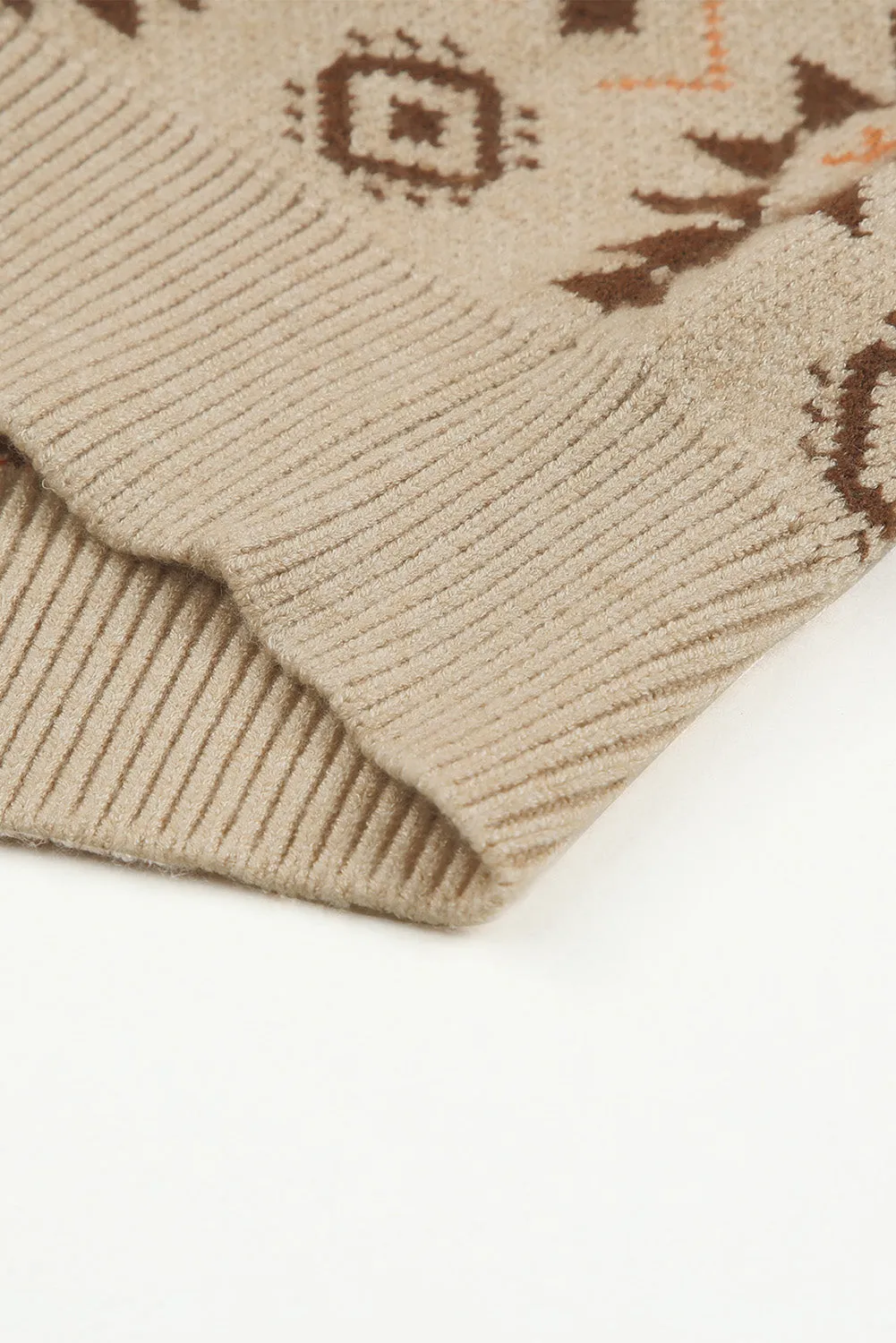 Khaki Aztec Knitted Drop Shoulder Zipped Sweater