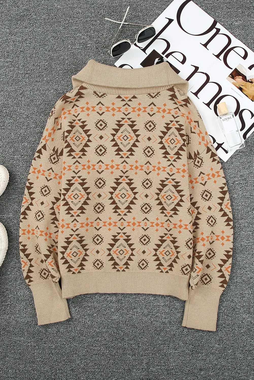 Khaki Aztec Knitted Drop Shoulder Zipped Sweater
