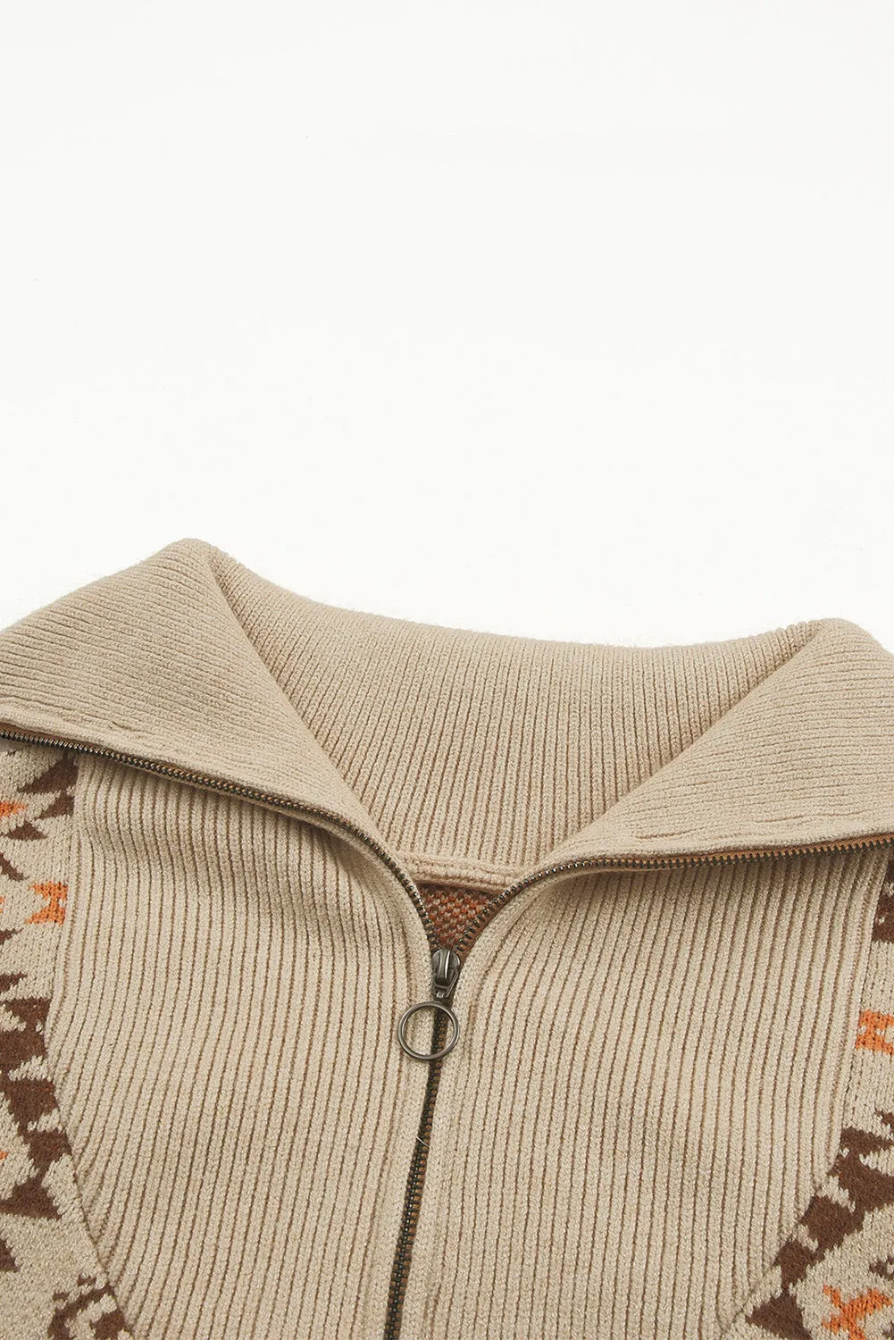 Khaki Aztec Knitted Drop Shoulder Zipped Sweater