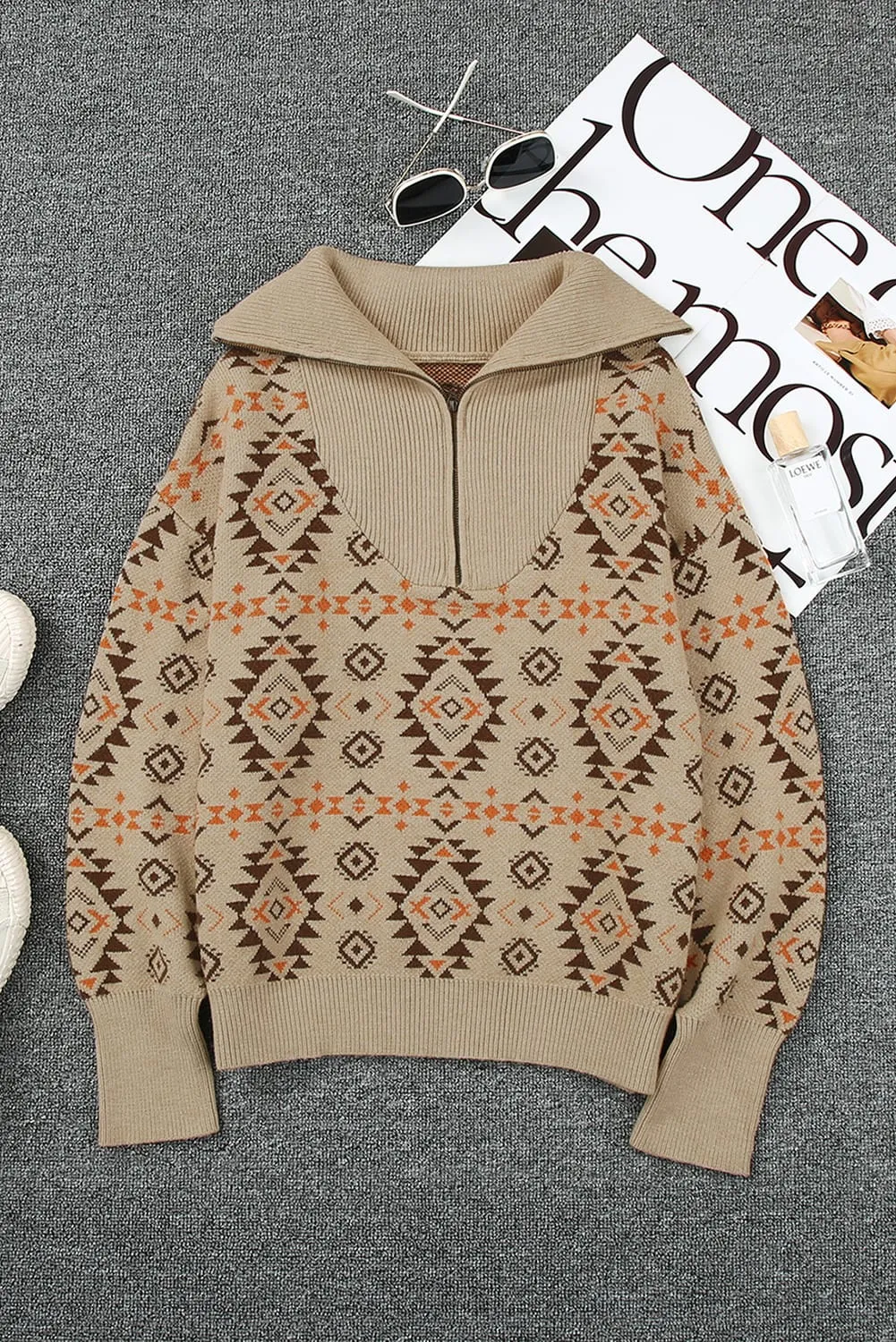 Khaki Aztec Knitted Drop Shoulder Zipped Sweater