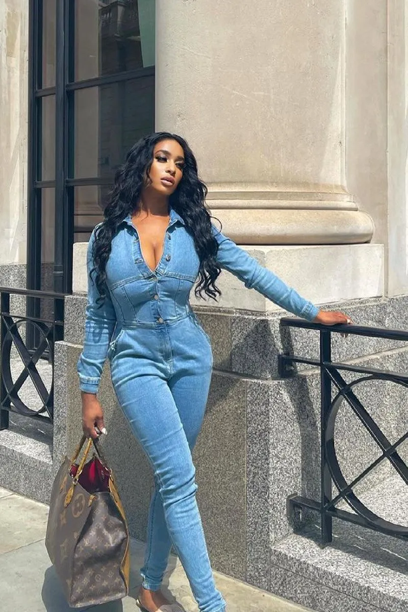 Light Blue Corset Waist Denim Jumpsuit - Posie