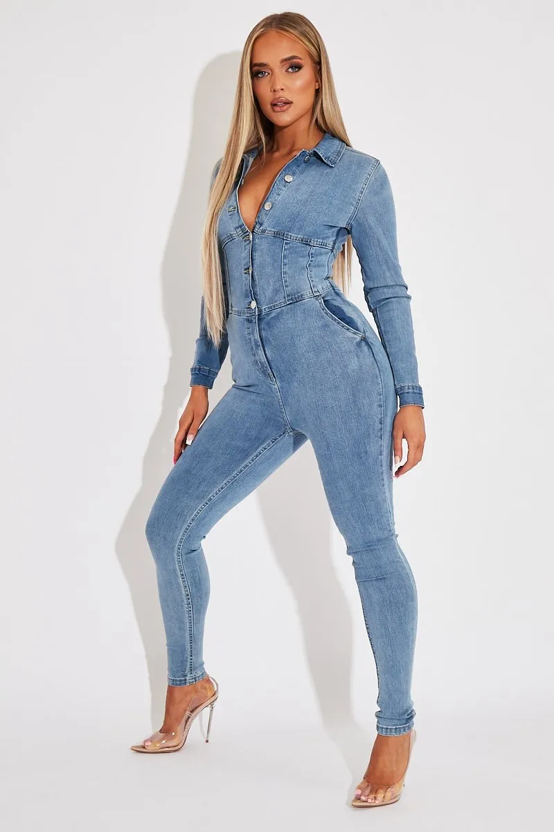 Light Blue Corset Waist Denim Jumpsuit - Posie