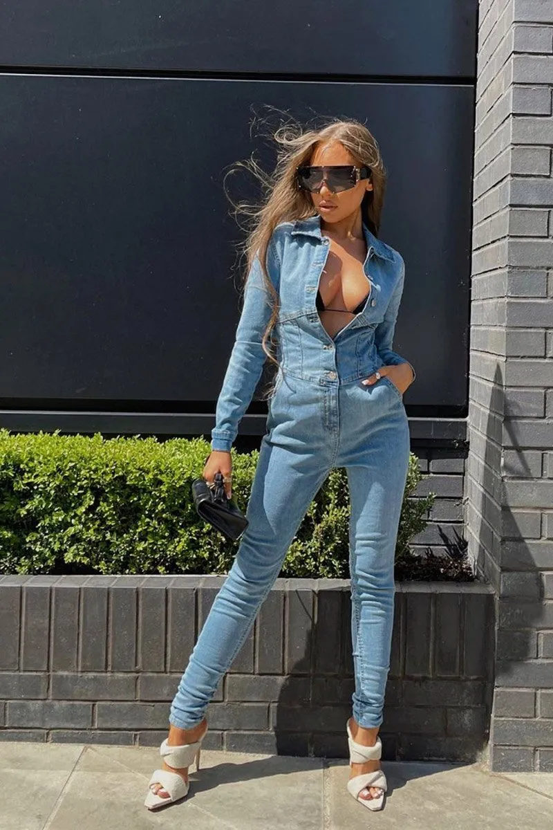 Light Blue Corset Waist Denim Jumpsuit - Posie