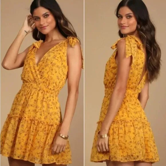 Lulus Stylish Day Mustard Yellow Floral Print Tie-Strap Skater Dress