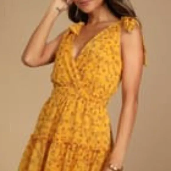Lulus Stylish Day Mustard Yellow Floral Print Tie-Strap Skater Dress