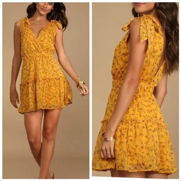 Lulus Stylish Day Mustard Yellow Floral Print Tie-Strap Skater Dress