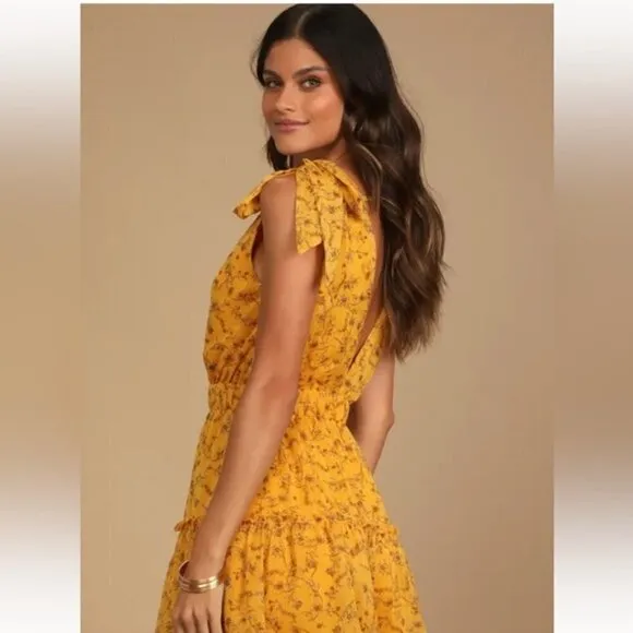 Lulus Stylish Day Mustard Yellow Floral Print Tie-Strap Skater Dress
