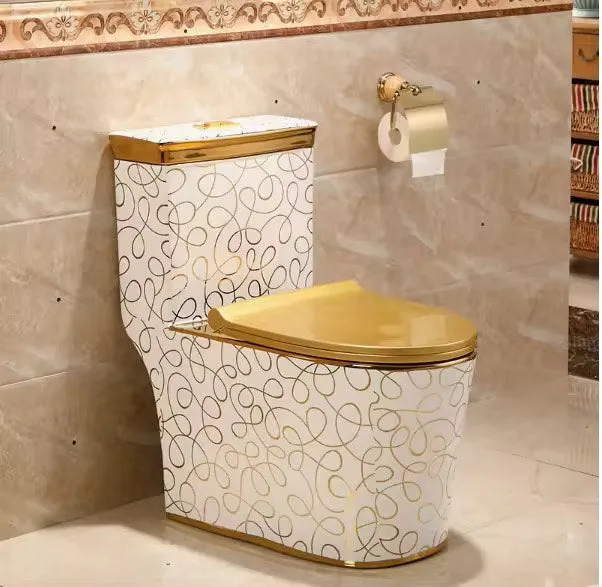 Luxury Bathroom Toilet Seat Gold With White Stylish Designs Dual Flush Floor Mounted