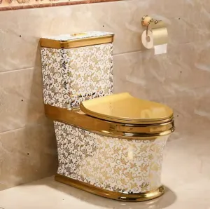 Luxury Bathroom Toilet Seat Gold With White Stylish Designs Dual Flush Floor Mounted