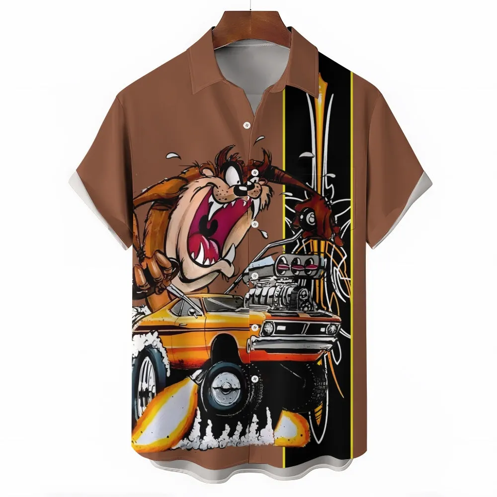 Men's Classic Cartoon Modified Car Pinstripe Contrast Short Sleeve Shirt 2411001857