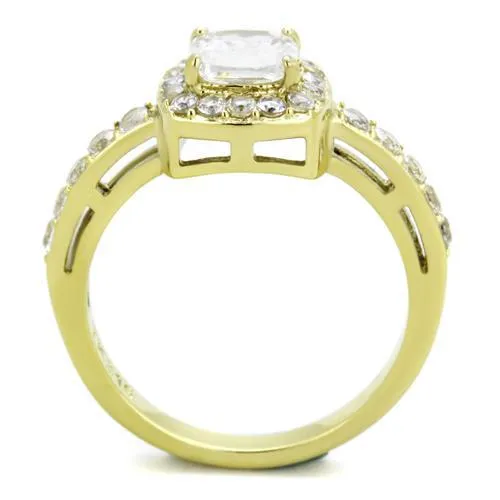 MT 9981g IP Gold(Ion Plating) Stainless Steel Ring with Crystals in Clear Halo Design April Birthstone
