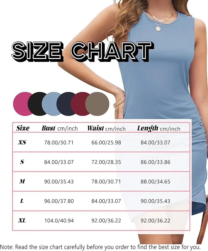 New WNEEDU Women Summer Dress Casual Sleeveless Ruched Bodycon Dresses Crew Neck Slim Fit Tank Shirt Short Party Club Mini Dress in Coffee Sz XL