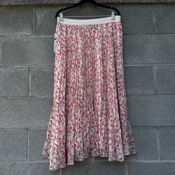 NWT 1. State pink Floral pleated full midi Skirt size L $89 100% polyester