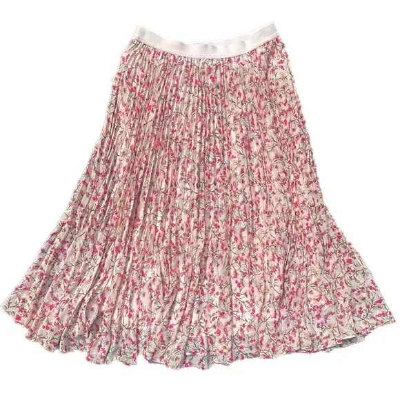 NWT 1. State pink Floral pleated full midi Skirt size L $89 100% polyester