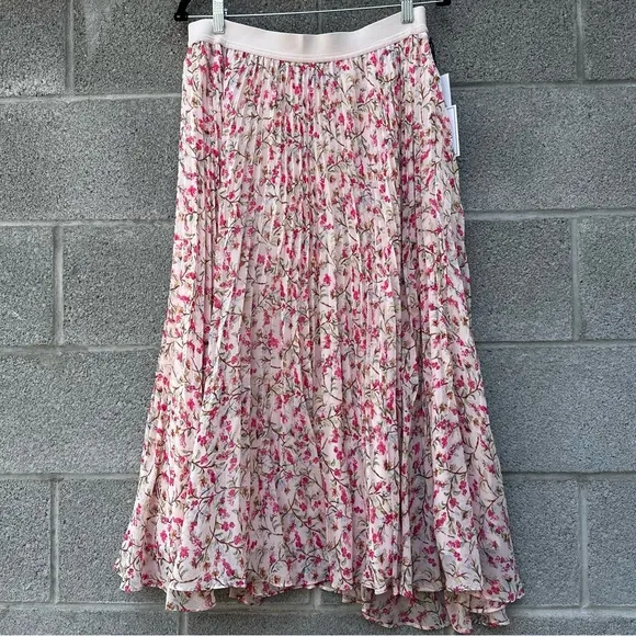 NWT 1. State pink Floral pleated full midi Skirt size L $89 100% polyester