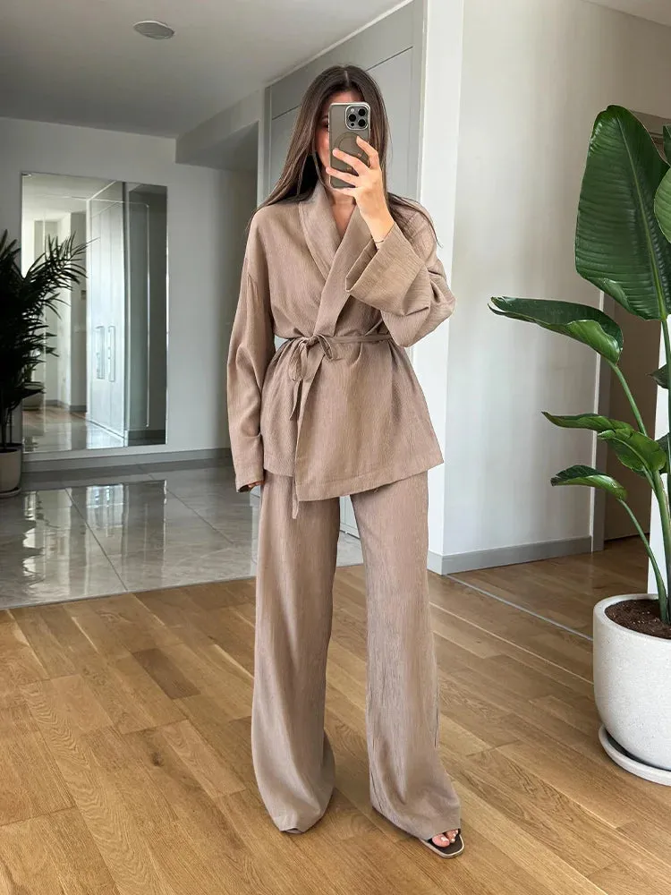 Obsidian Phoenix Women’s Pantsuit - Khaki Drawstring Cardigan Blouse & Elastic Waist Wide-Leg Pants