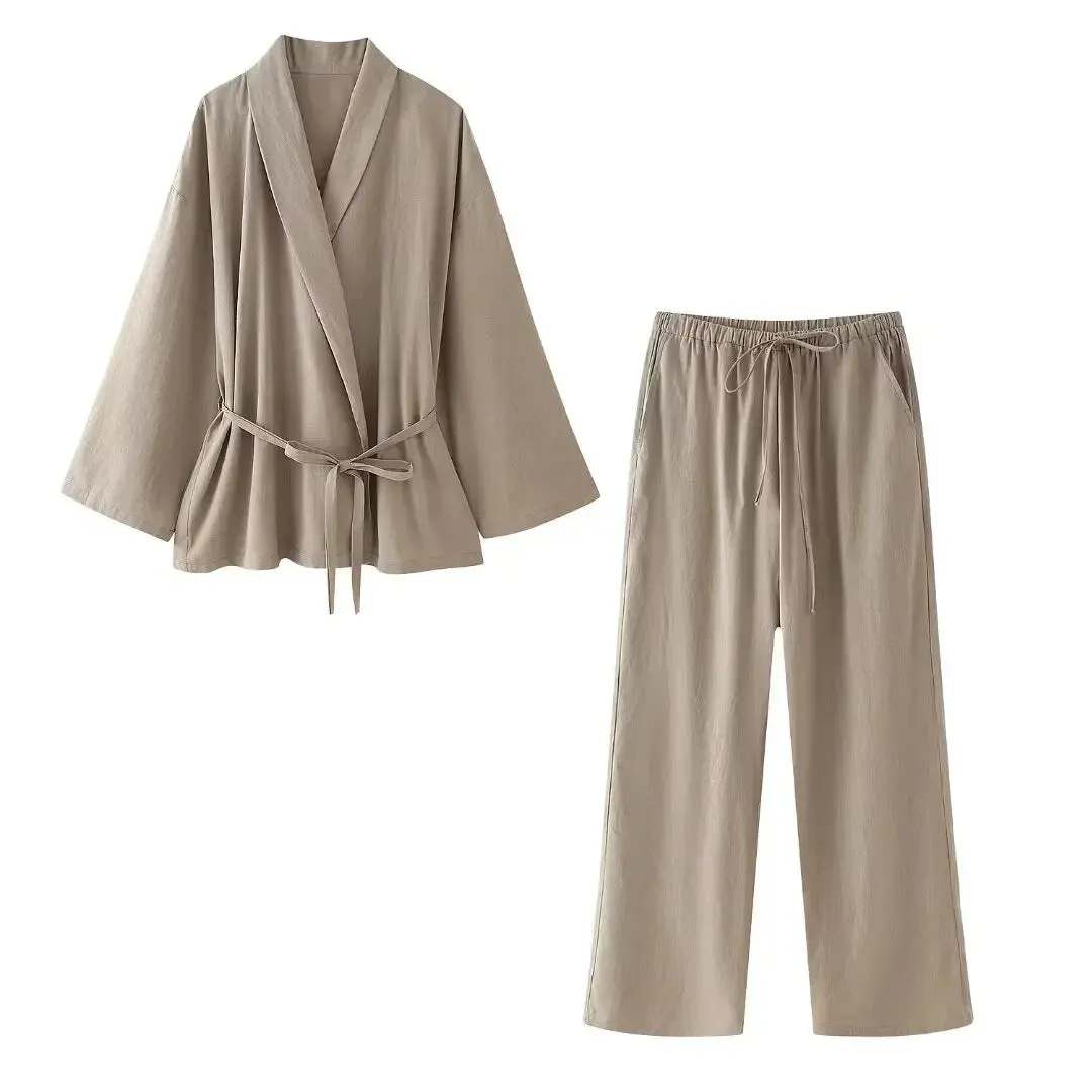 Obsidian Phoenix Women’s Pantsuit - Khaki Drawstring Cardigan Blouse & Elastic Waist Wide-Leg Pants